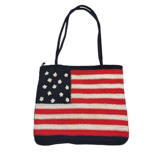 Patriotic Knit Tote Bag - Red, White, Blue 13 Star American Flag Crochet Bag - Picture 2 of 12